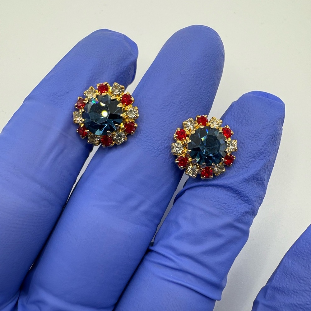 ✨ Vintage Statement Earrings – Gold Tone with Blue, Red & Clear Crystals ✨